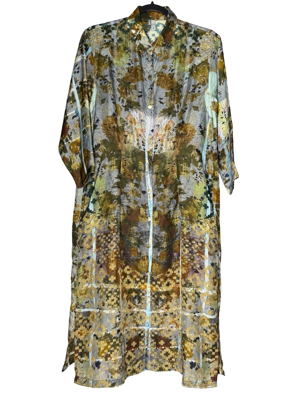 YAVI 100% Silk Button Front Shirt Dress Medium Abstract Boho Midi Collared